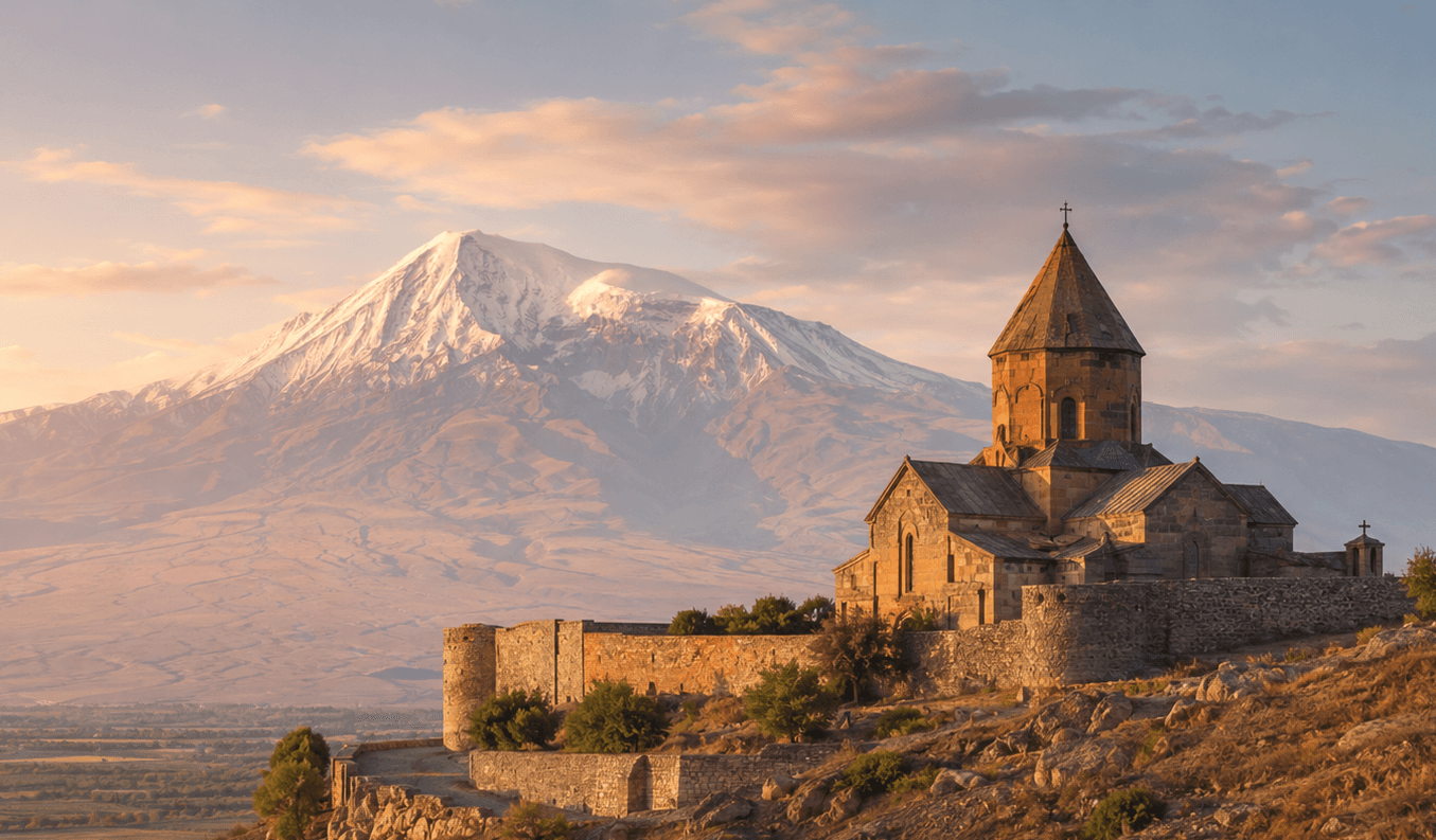 Խոր Վիրապ վանքը Հայկական լեռնաշխարհում, ետնախորքում՝ Արարատ լեռան ձյունածածկ գագաթը